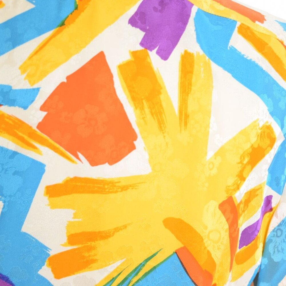 vintage 80s silk wrap blouse top shirt white yellow brush stroke print Argenti L - Picture 9 of 10